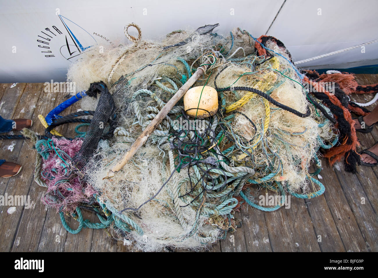 Kunststoff-Proben "und" Papierkorb in die North Pacific Gyre gesammelt. Long Beach, Kalifornien, USA. Stockfoto