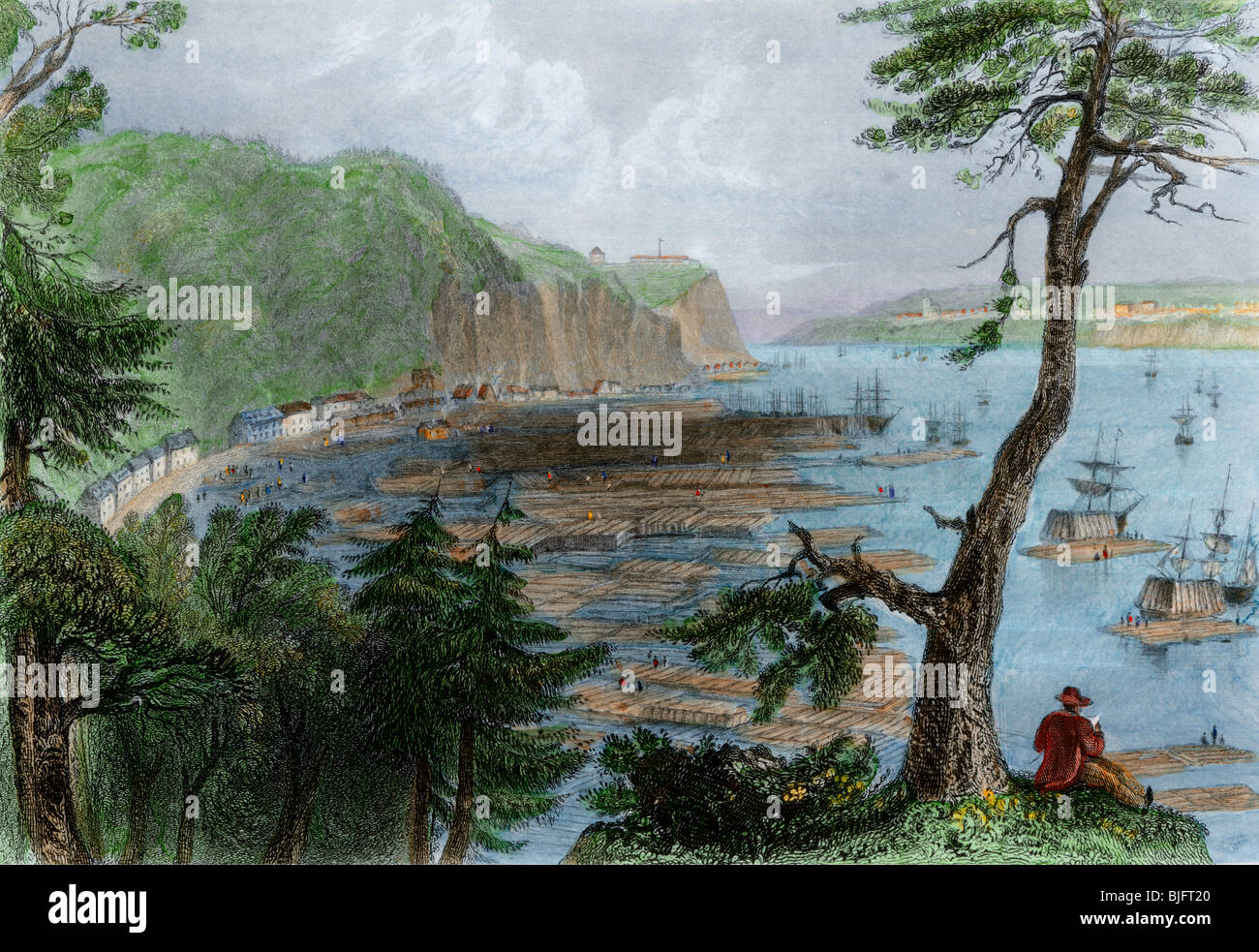 Holz Depot auf dem St. Lawrence River in der Nähe von Quebec City, 1850. Handcolorierte Stahlstich Stockfoto