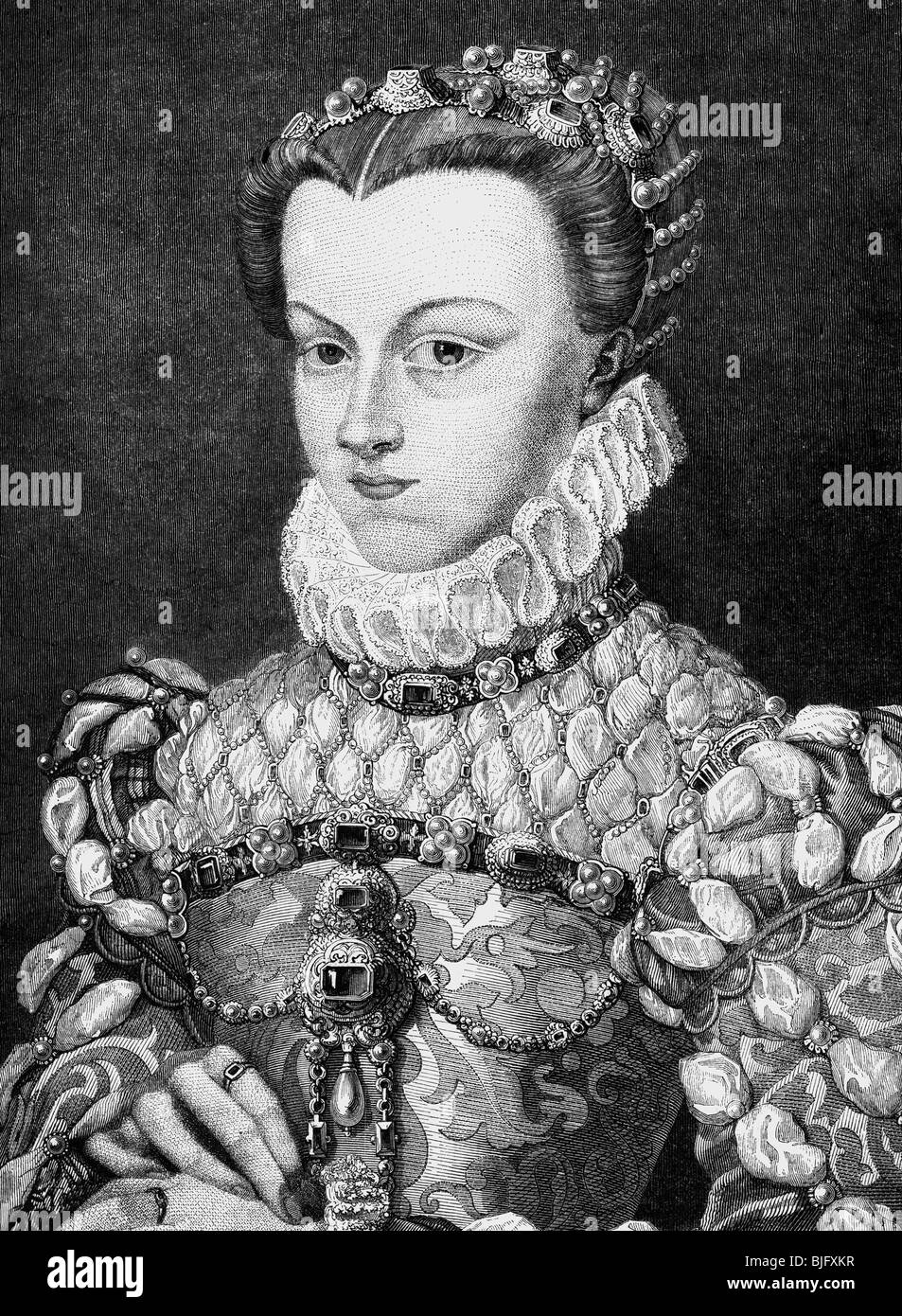 Elizabeth, 5.7.1554 - 22.1.1592, Königin von Frankreich 26.11.1570 - 30.5.1574, halbe Länge, Holzstich, 19. Jahrhundert, nach dem Lackieren von Francois Clouet, 1572, Artist's Urheberrecht nicht gelöscht werden Stockfoto