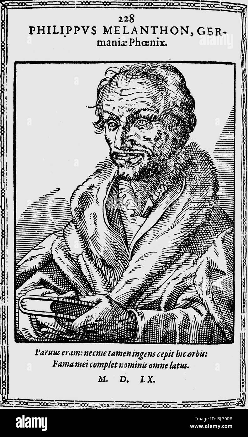 Melanchthon, Philipp, 16.2.1497 - 19.4.1560, deutscher Humanist und Reformer, halbe Länge, Kupferstich, "Icones, Imagines virorum illustrium literis" von Nikolaus Reusner, Straßburg, 1590, Artist's Urheberrecht nicht gelöscht werden Stockfoto