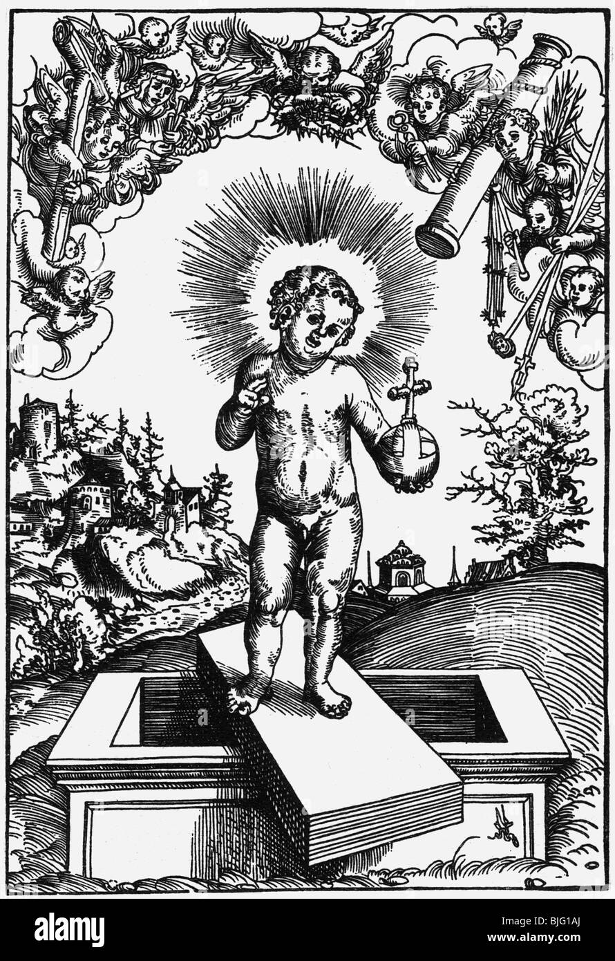 Religion, christenheit, Jesus Christus, 'Jesus der Kleinkinder, der auf einem Grab steht', Holzschnitt von Lucas Cranach dem älteren, ca. 1505, Stockfoto