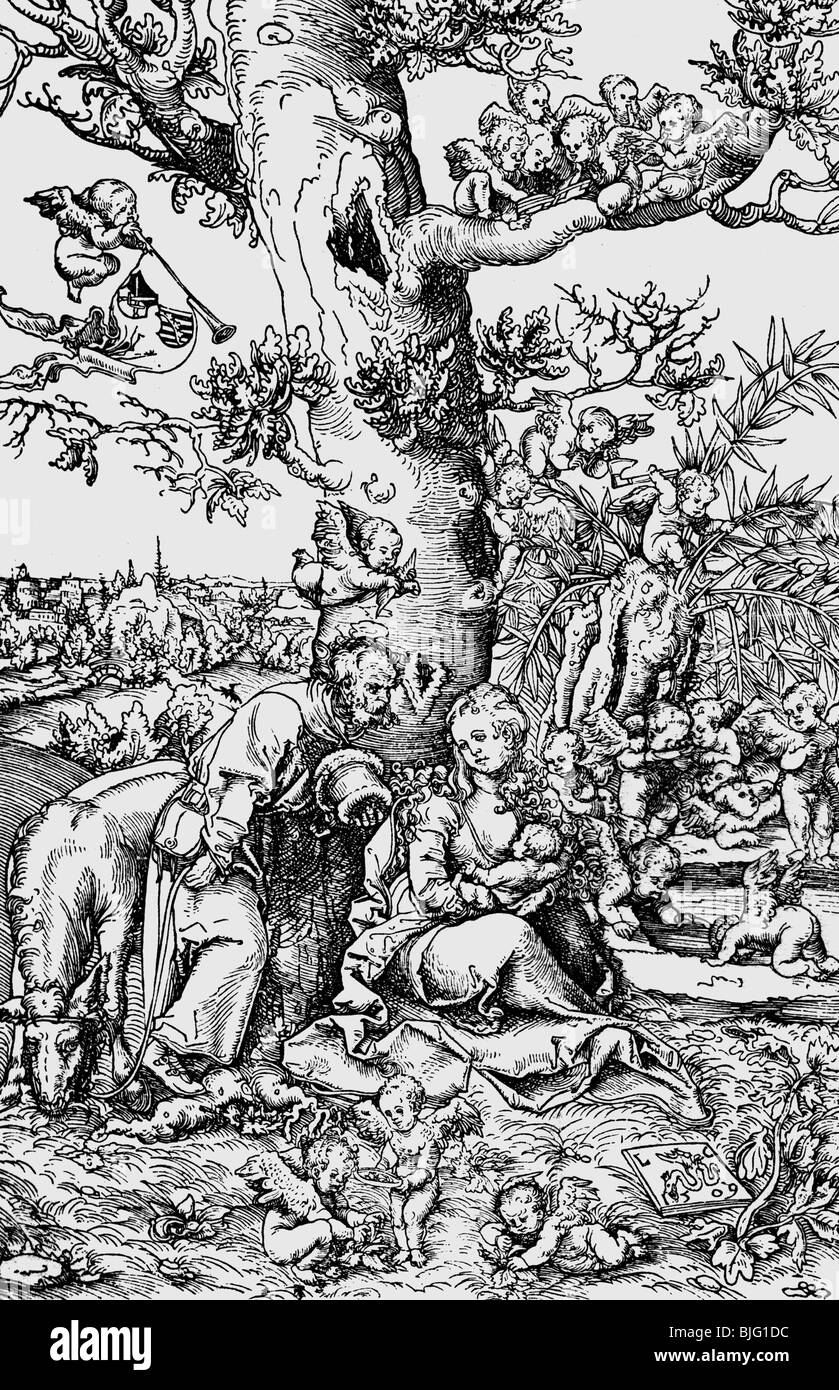 Religion, christenheit, Heilige Familie, "Ruhe auf der Flucht nach Ägypten", Holzschnitt von Lucas Cranach dem älteren, 1509, Stockfoto