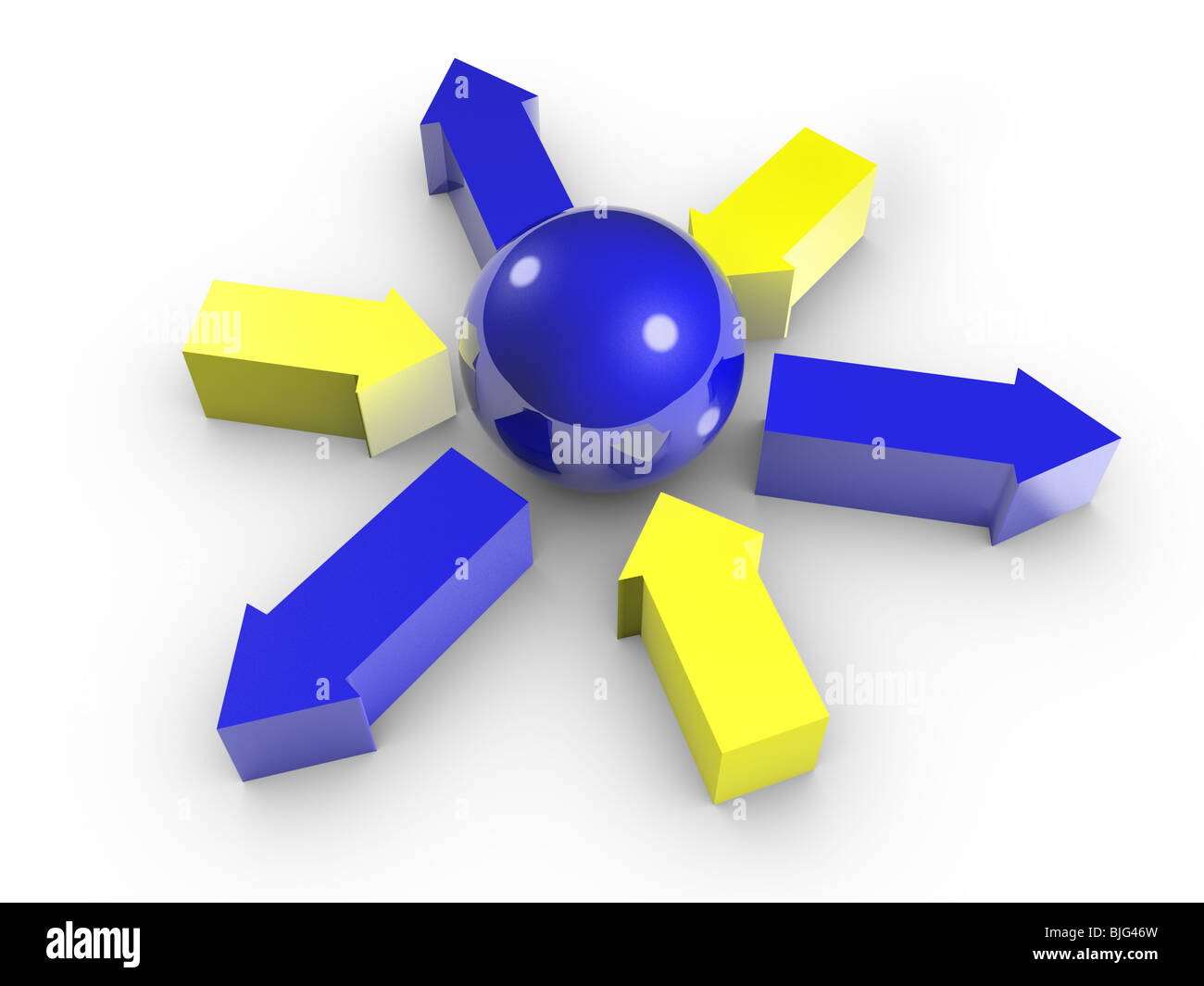Konzeptbild blaue Kugel und gelbe Pfeile in Zentrum und blaue Pfeile, vom Zentrum entfernt. Isoliert. Stockfoto