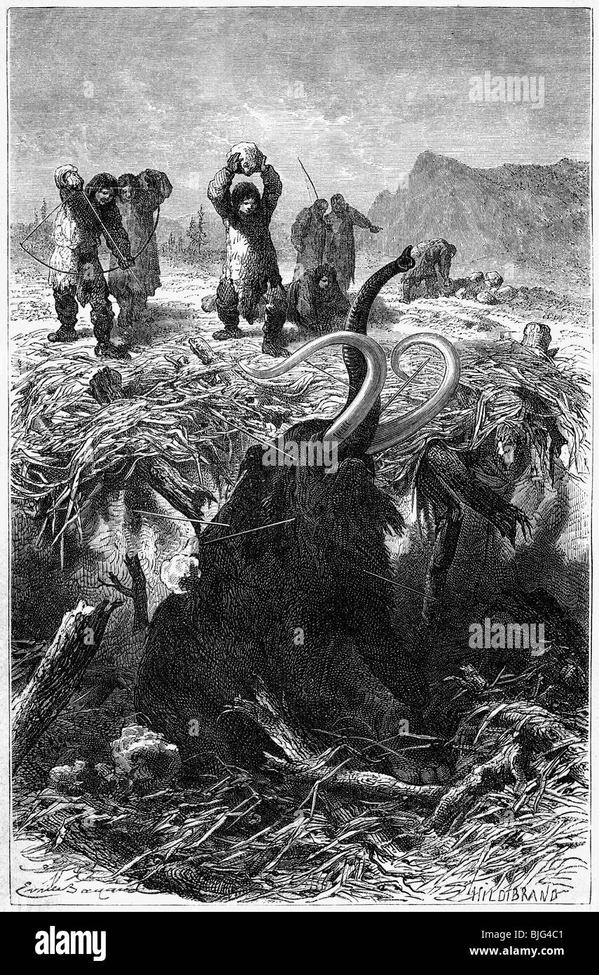 Jagd, Urzeit, Mammutjagd, Illustration, Holzgravur, um 1870, Stockfoto