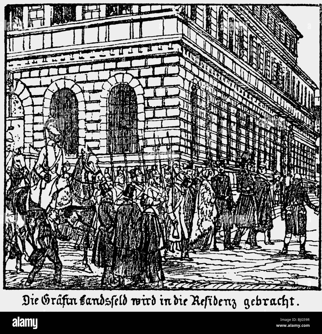 Ereignisse, Revolution 1848 - 1849, Februar, Februar, Februar, Lola Montez wird in den Königspalast, 9.2.1848, zeitgenössischer lithograph von Gustav Kraus, Revolution, Residenz, Aufruhr, Aufruhr, Polizei, Eskorte, Deutschland, Bayern, 19. Jahrhundert, historisch, historisch, Menschen, Stockfoto