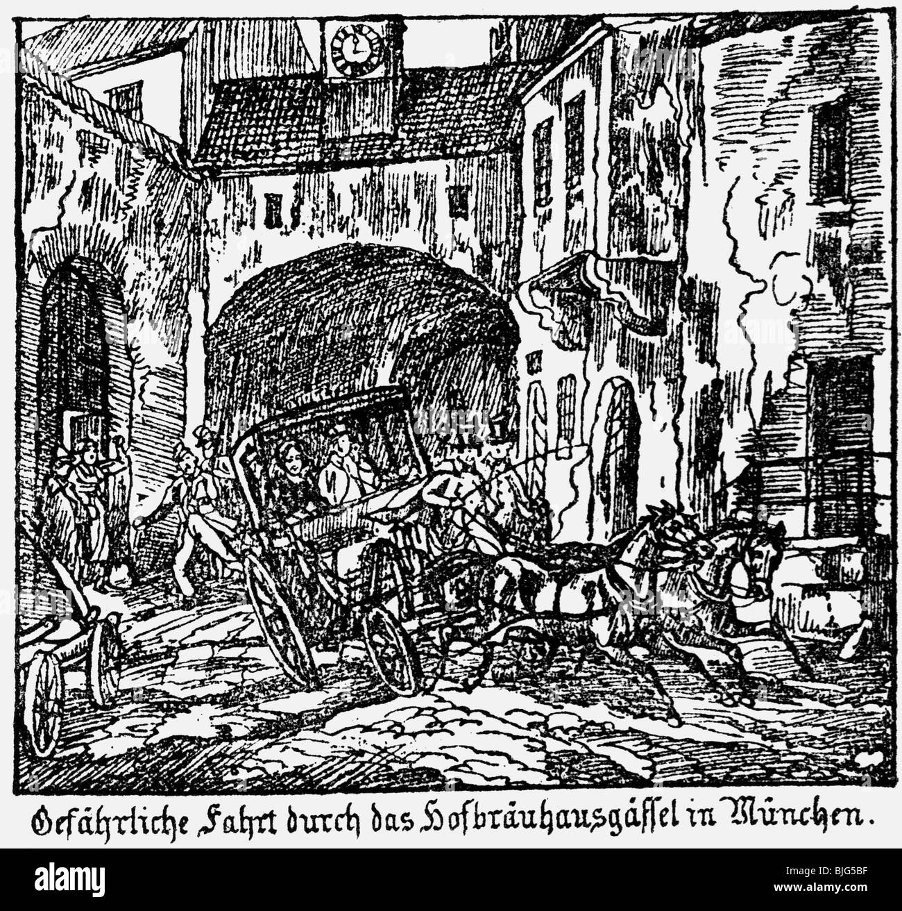 Ereignisse, Revolution 1848 - 1849, Februarunruhen in München, Flucht von Lola Montez, 11.2.1848, zeitgenössischer lithograph von Gustav Kraus, Revolution, Gräfin Landsfeld, Deutschland, Bayern, 19. Jahrhundert, historisch, historisch, Menschen, Stockfoto