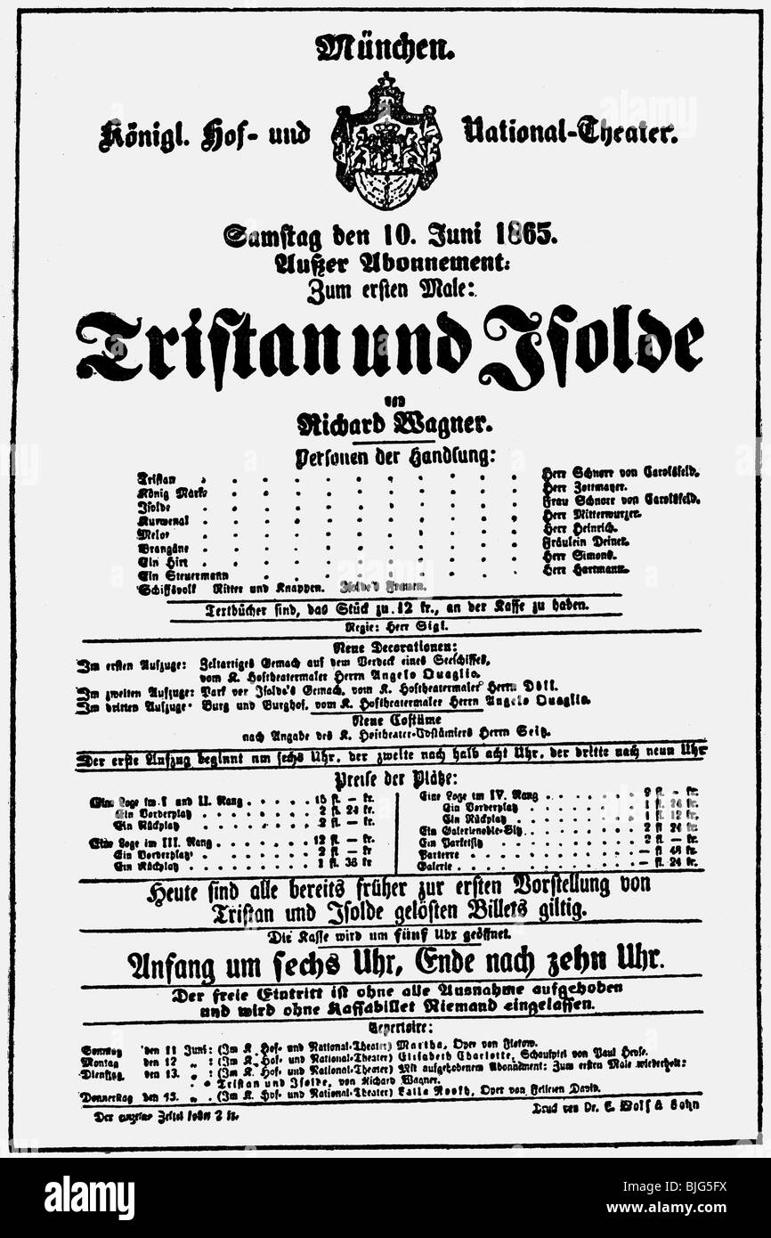 Wagner, Richard, 22.5.1813 - 13.2.1883, deutscher Komponist, Werke, Oper "Tristan und Isolda" ('Tristan und Isolde'), Flugblatt, Premiere, Münchner Nationaltheater, 10.6.1865, Stockfoto