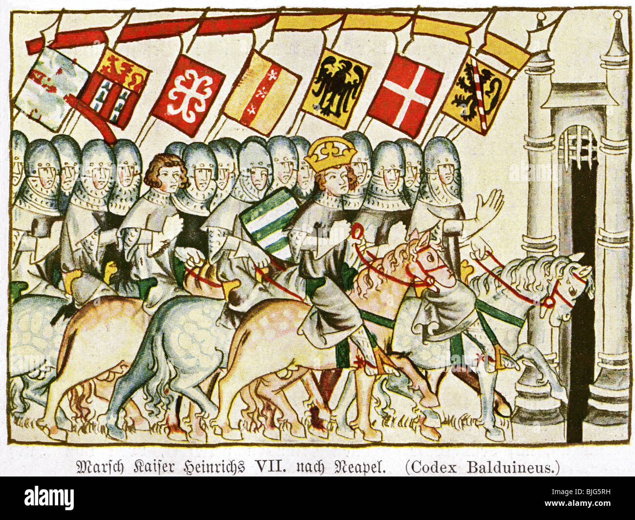 Heinrich VII., ca. 1275 - 24.8.1313, Heiliger römischer Kaiser 29.9.1312 - 24.8.1313, in Neapel, nach Miniatur, Balduini Treverensis, ca. 1340, Stockfoto