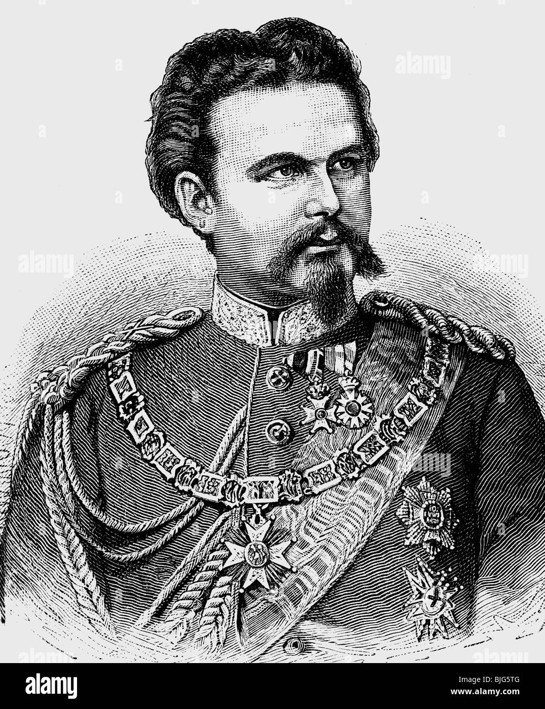 Louis II., 25.8.1845 - 13.6.1886, König von Bayern 10.3.1864 - 13.6.1886, Porträt, Holzgravur, ca. 1880, Stockfoto
