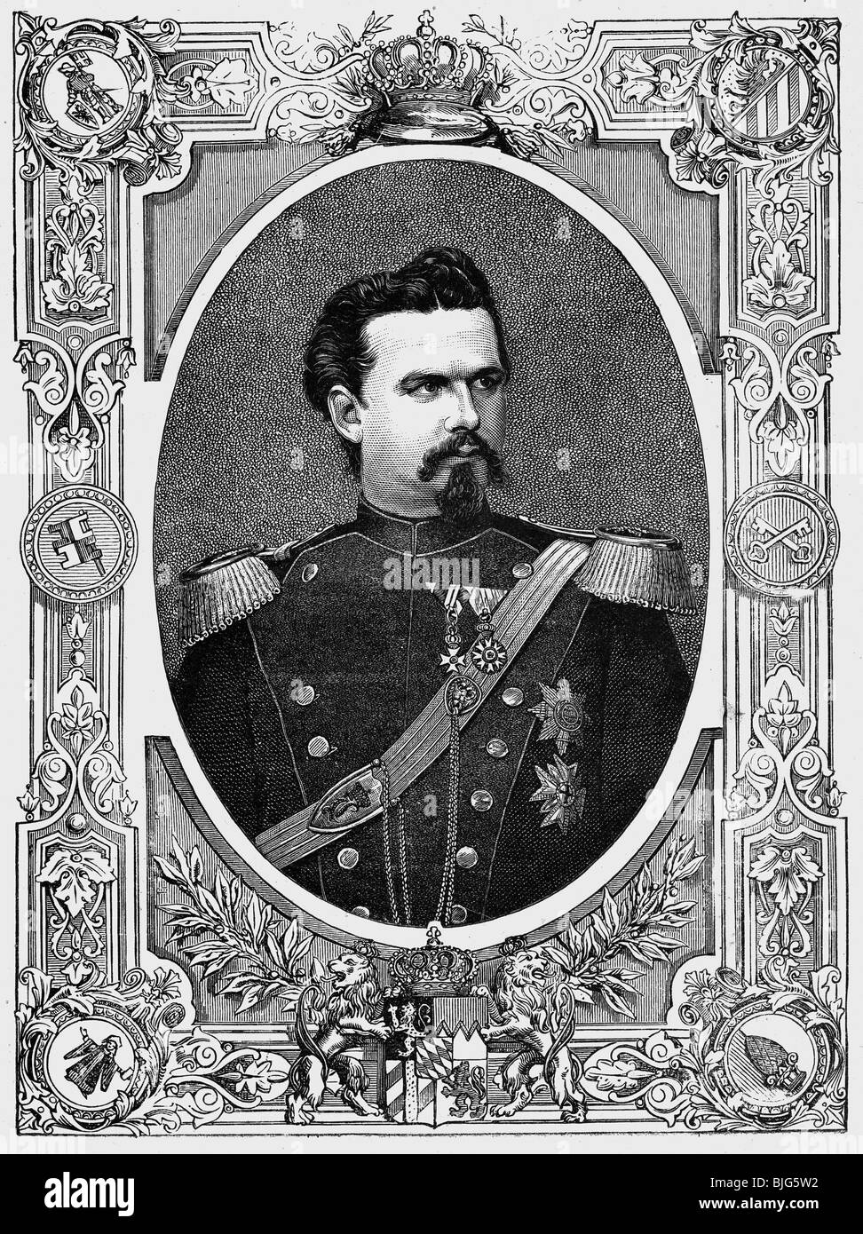 Louis II., 25.8.1845 - 13.6.1886, König von Bayern 10.3.1864 - 13.6.1886, halbe Länge, Holzgravur, ca. 1880, Stockfoto