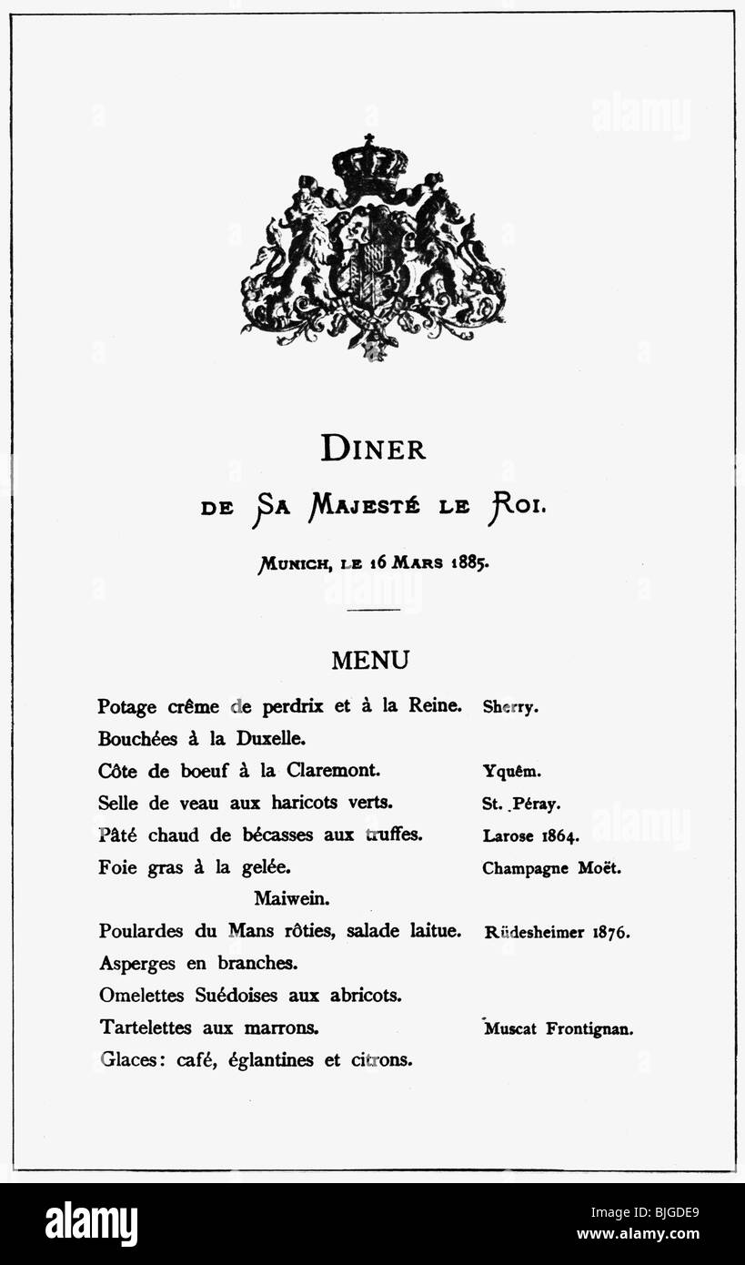 Gastronomie, Menükarten, Diner von König Louis II. Von Bayern, München, 16.3.1885, Stockfoto
