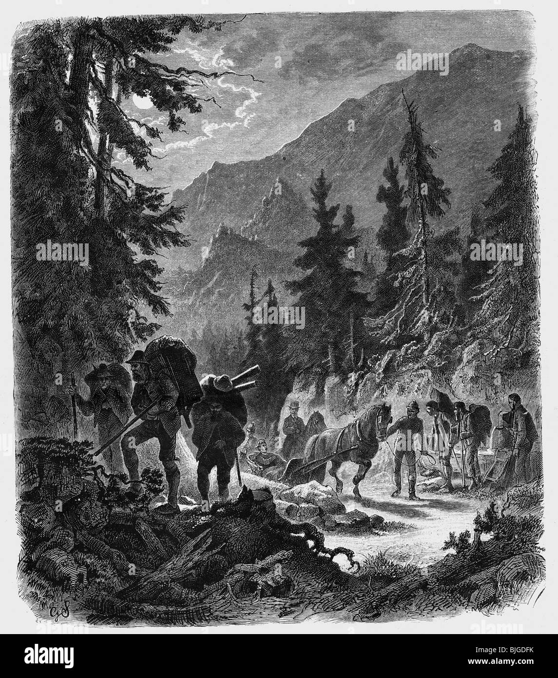Louis II., 25.8.1845 - 13.6.1886, König von Bayern 10.3.1864 - 13.6.1886, auf dem Schachen reiten, Holzgravur nach Zeichnung von G. Gundblatt, 'Die Gartenlaube', 1873, Stockfoto