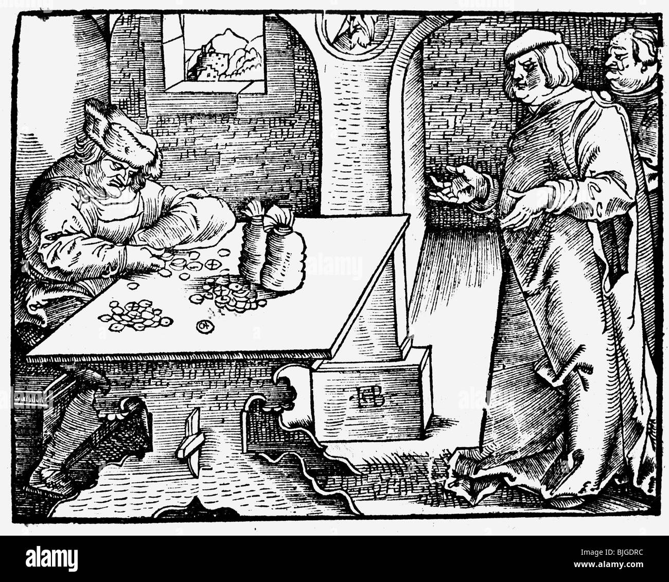 Geld / Finanzen, Geldwechsler, Holzschnitt von Hans Baldung Grien, Deutschland, ca. 1510, Stockfoto