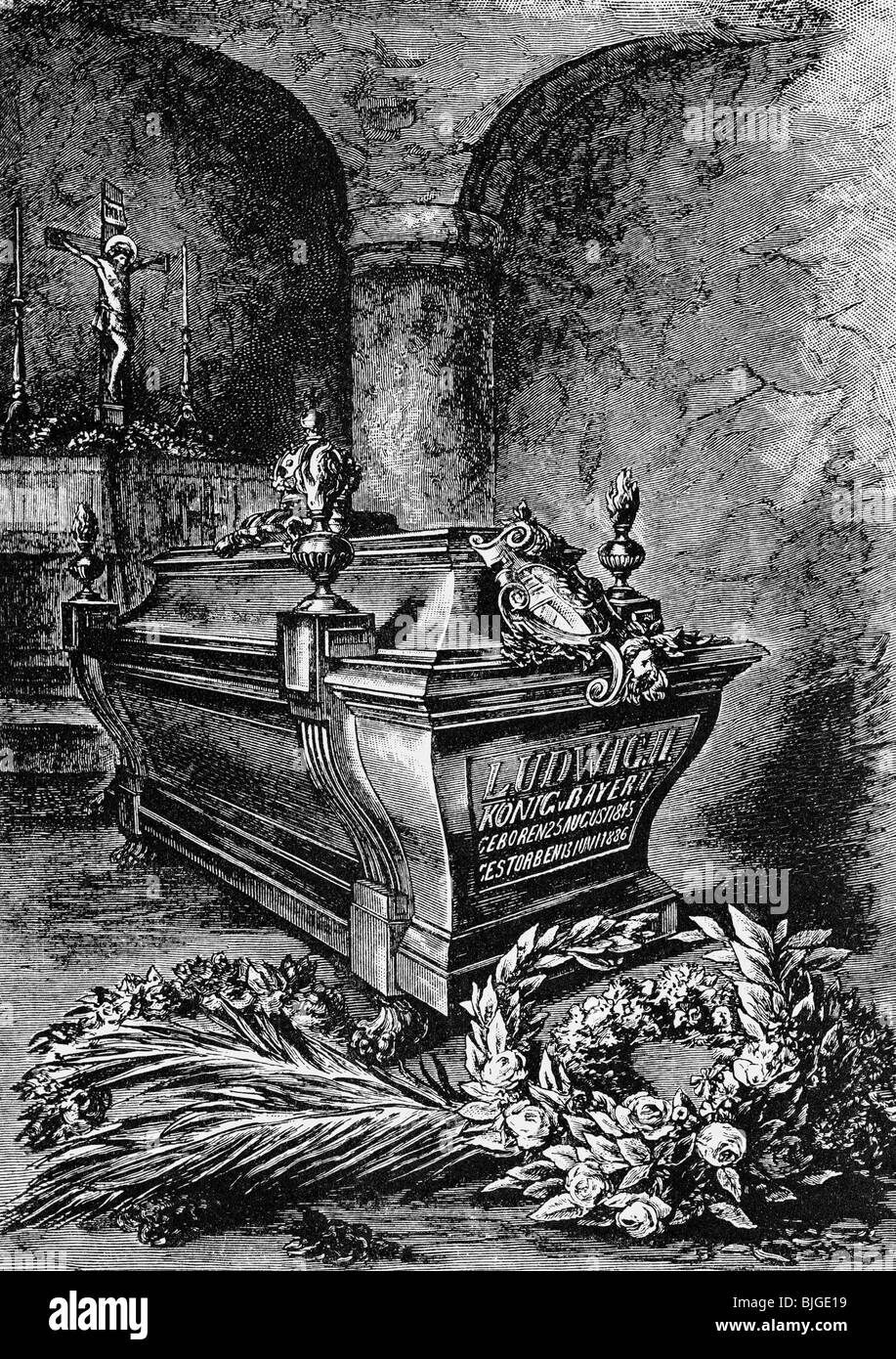 Louis II., 25.8.1845 - 13.6.1886, König von Bayern 10.3.1864 - 13.6.1886, Tod, sein Sarg in der Krypta von St. Michaels (Michaelskirche), München, 1886, Stockfoto