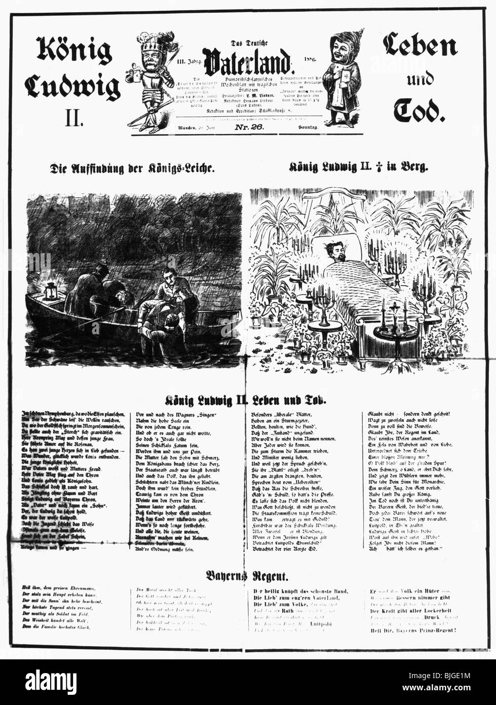 Louis II., 25.8.1845 - 13.6.1886, König von Bayern 10.3.1864 - 13.6.1886, Tod, Entdeckung seines Körpers im Starnberger See, belauscht im Schloss Berg, 'Das teutsche Vaterland', Nr. 26, 20.6.1886, Stockfoto