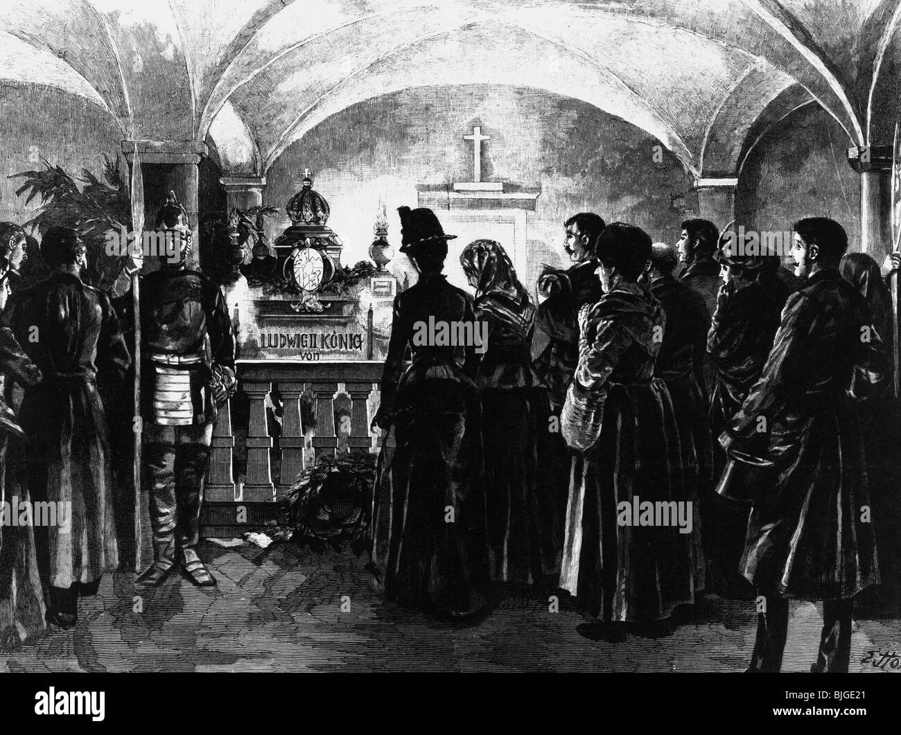 Louis II., 25.8.1845 - 13.6.1886, König von Bayern 10.3.1864 - 13.6.1886, Tod, Besucher an seinem Sarg, Krypta des Heiligen Michaels (Michaelskirche), München, Holzgravur, 1886-3, Stockfoto
