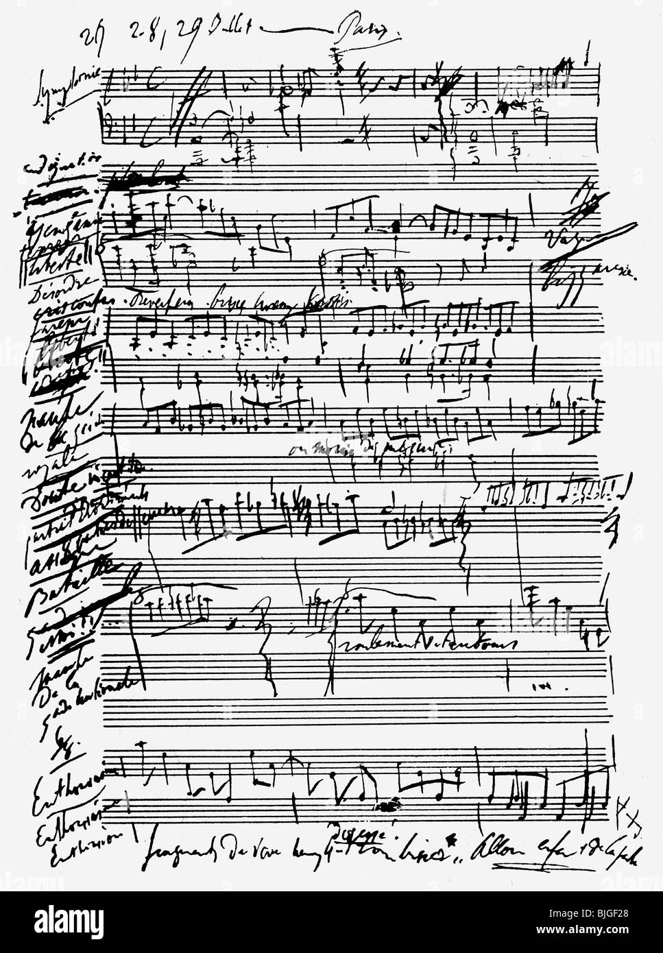 Liszt, Franz, 22.10.11.11 - 31.7.1886, ungarischer Komponist und Pianist, Werke, Partitur, Skizze für die Revolutionäre Symphonie, 1830, Stockfoto