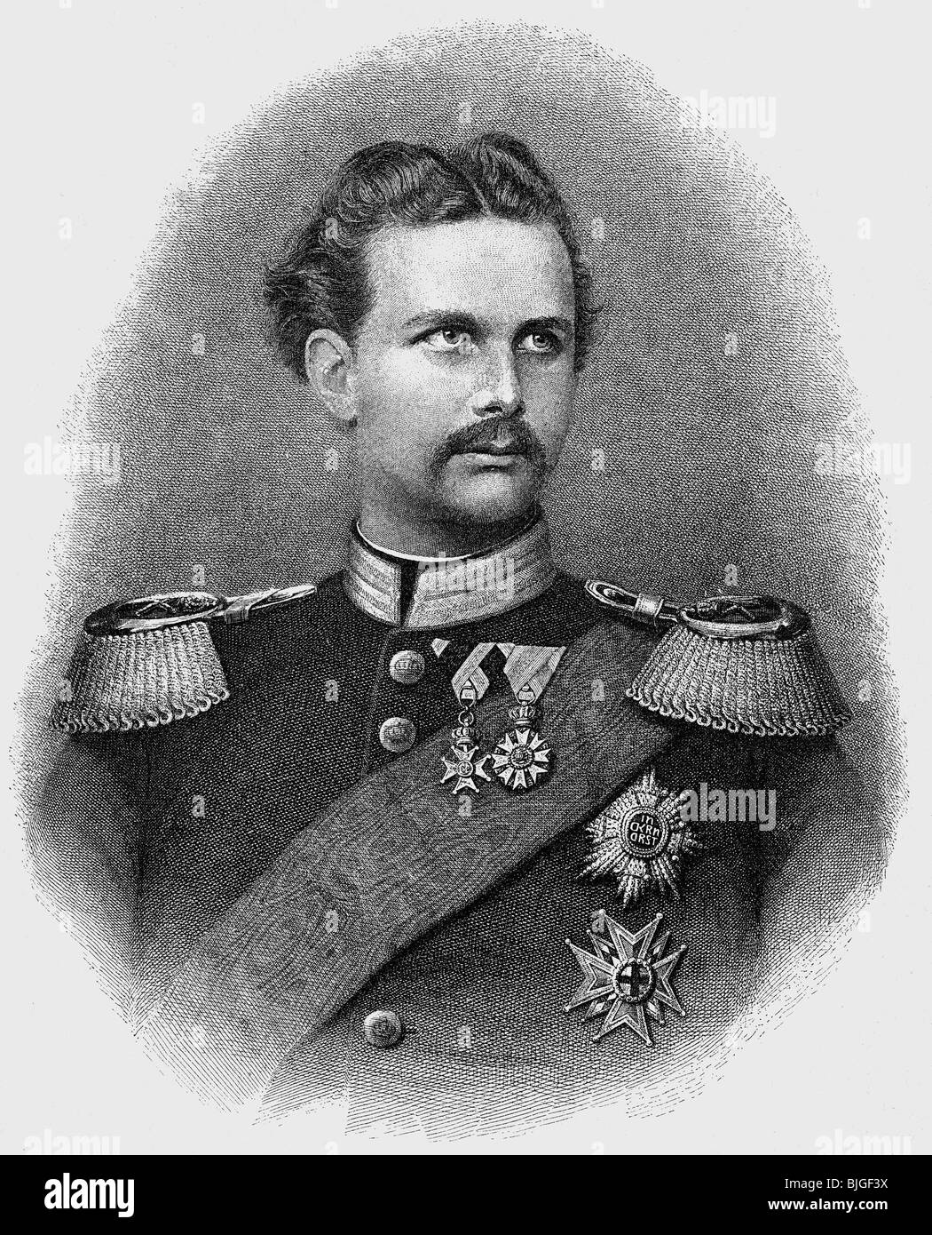 Louis II., 25.8.1845 - 13.6.1886, König von Bayern 10.3.1864 - 13.6.1886, Porträt, Holzgravur von Johann Lindner, ca. 1870, Stockfoto