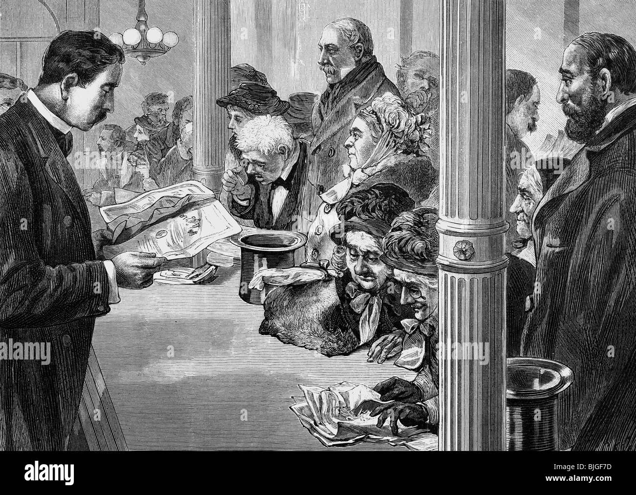 Geld / Finanzen, Banken, Deutsche Kaiserliche Bank Deutsche Reichbank), Berlin, Innenansicht, Einlagenabteilung, Holzgravur, 1882, Stockfoto