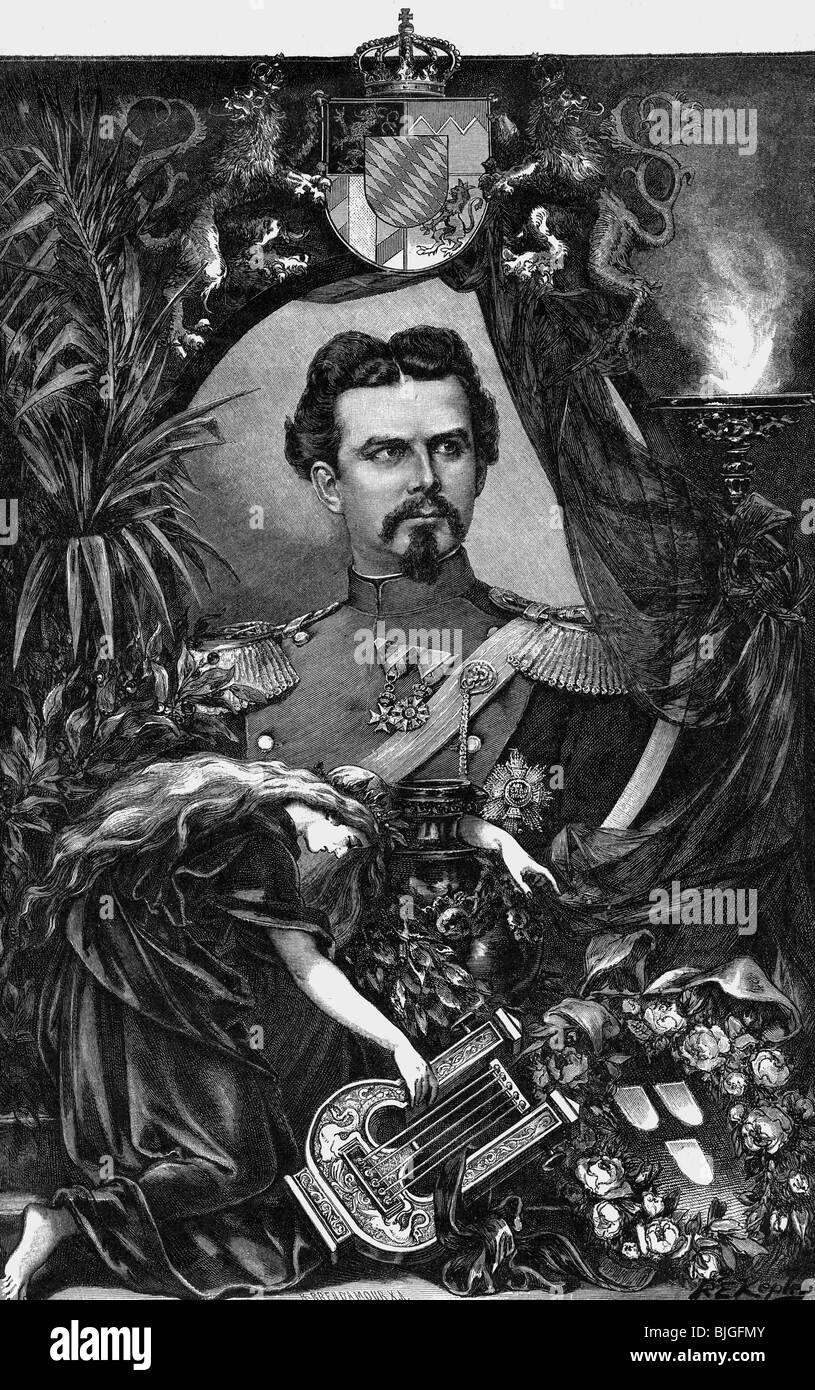 Louis II., 25.8.1845 - 13.6.1886, König von Bayern 10.3.1864 - 13.6.1886, Allegorie auf den Tod des Histen, Holzgravur nach Zeichnung von R. E. Kepler, 1886-3, Stockfoto