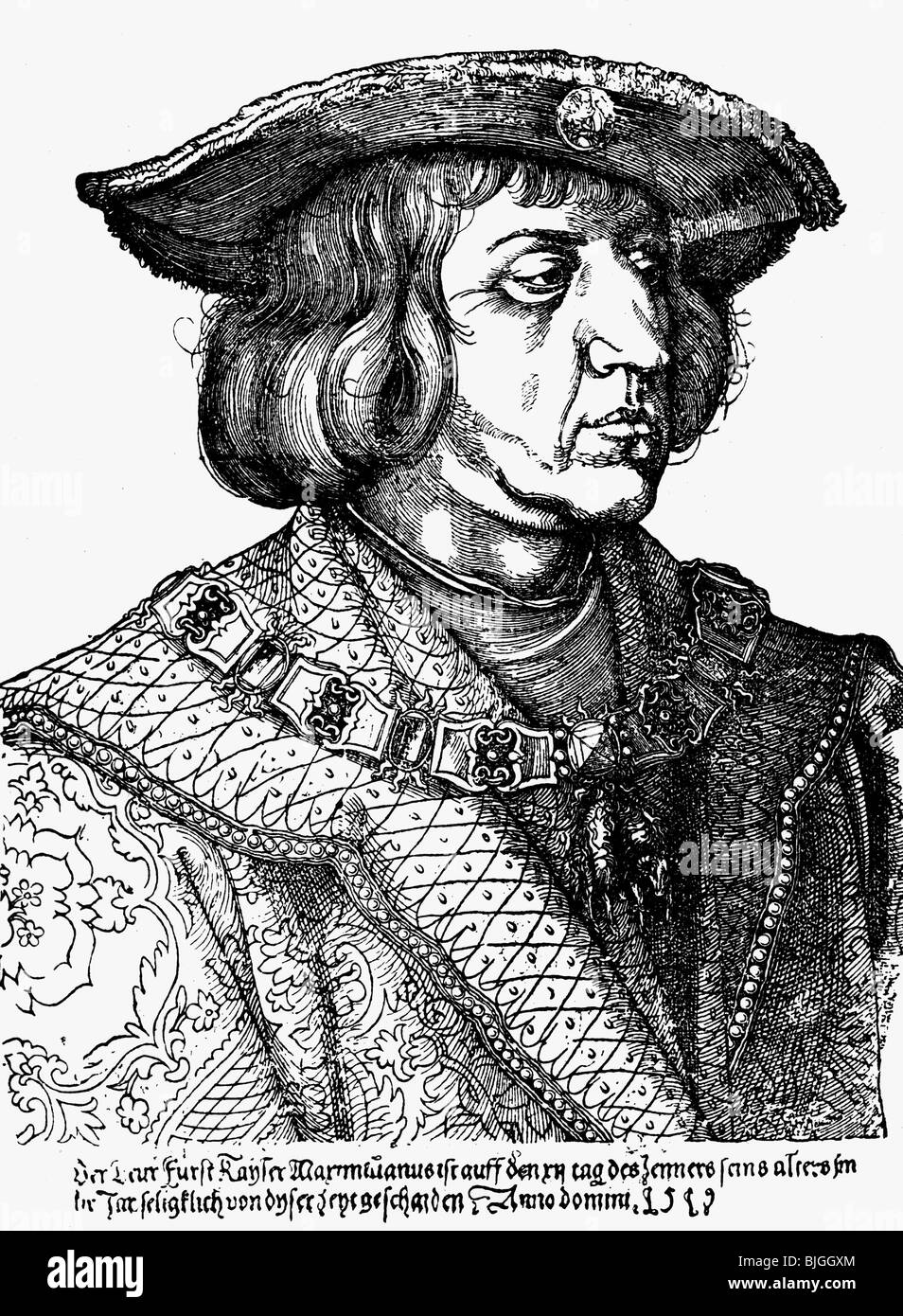 Maximilian I., 22.3.1459 - 12.1.1519, Holy Roman Empire 4.2.1508 - 12.1.1519, Porträt, Kupferstich von Albrecht Dürer, 1519, Artist's Urheberrecht nicht geklärt zu werden. Stockfoto