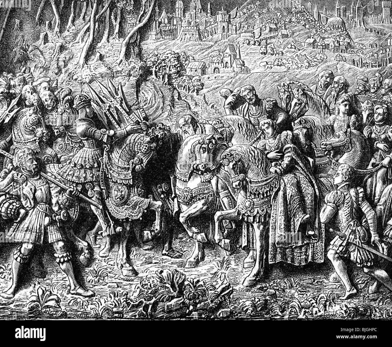 Maximilian I., 22.3.1459 - 12.1.1519, Heiliges Römisches Reich 4.2.1508 - 12.1.1519, seine Tochter Margaret bei ihrer Rückkehr aus Frankreich, 1492, Erleichterung, Kenotaph von Maximilian, Hofkirche Innsbruck, ca. 1560, Holzgravur, 19. Jahrhundert, willkommen heißen. Stockfoto