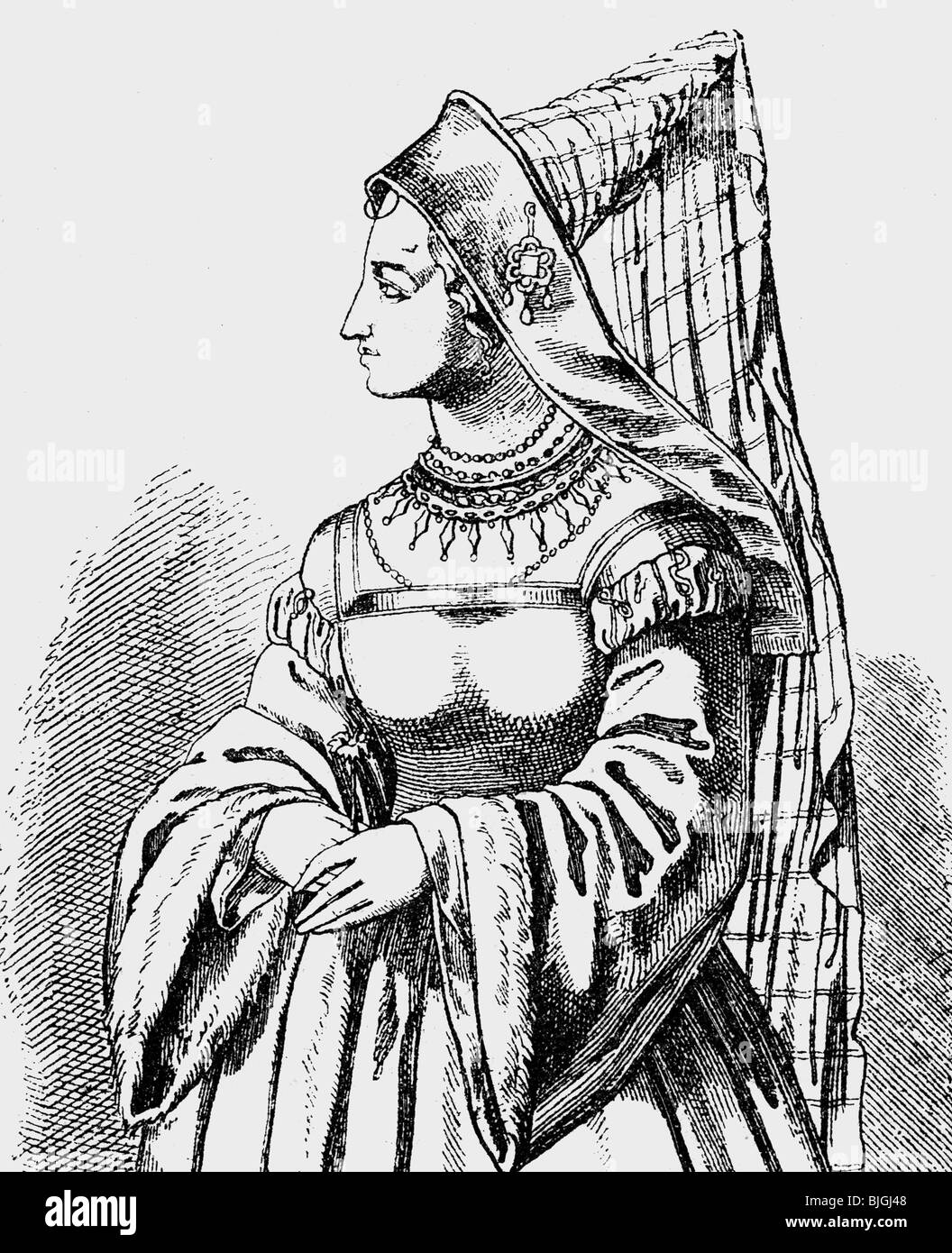 Maria 'der Reiche', 14.2.1457 - 27.3.1482, Herzogin von Burgstall 5.1.1477 - 27.3.1482, halbe Länge, Holzgravur, 19. Jahrhundert, Stockfoto