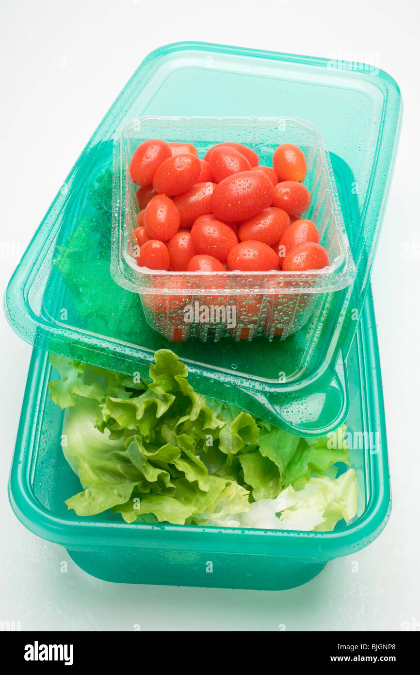 Salat in Essen Aufbewahrungsbox, Tomaten in Plastik Körbchen  Stockfotografie - Alamy