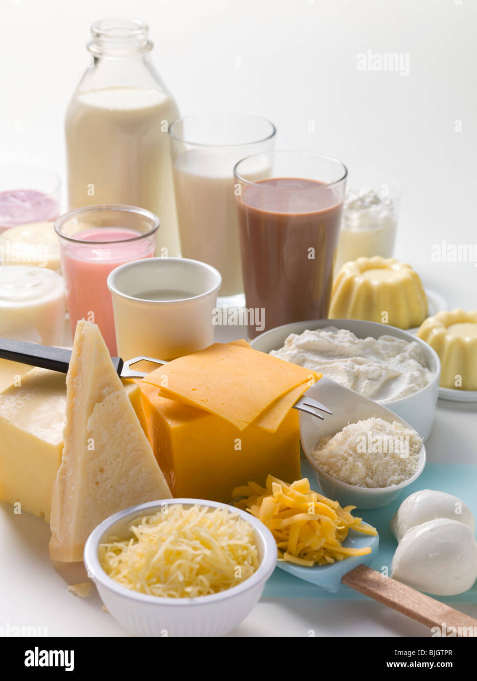 Verschiedenen Milchprodukten, Milchshakes und Käse- Stockfoto