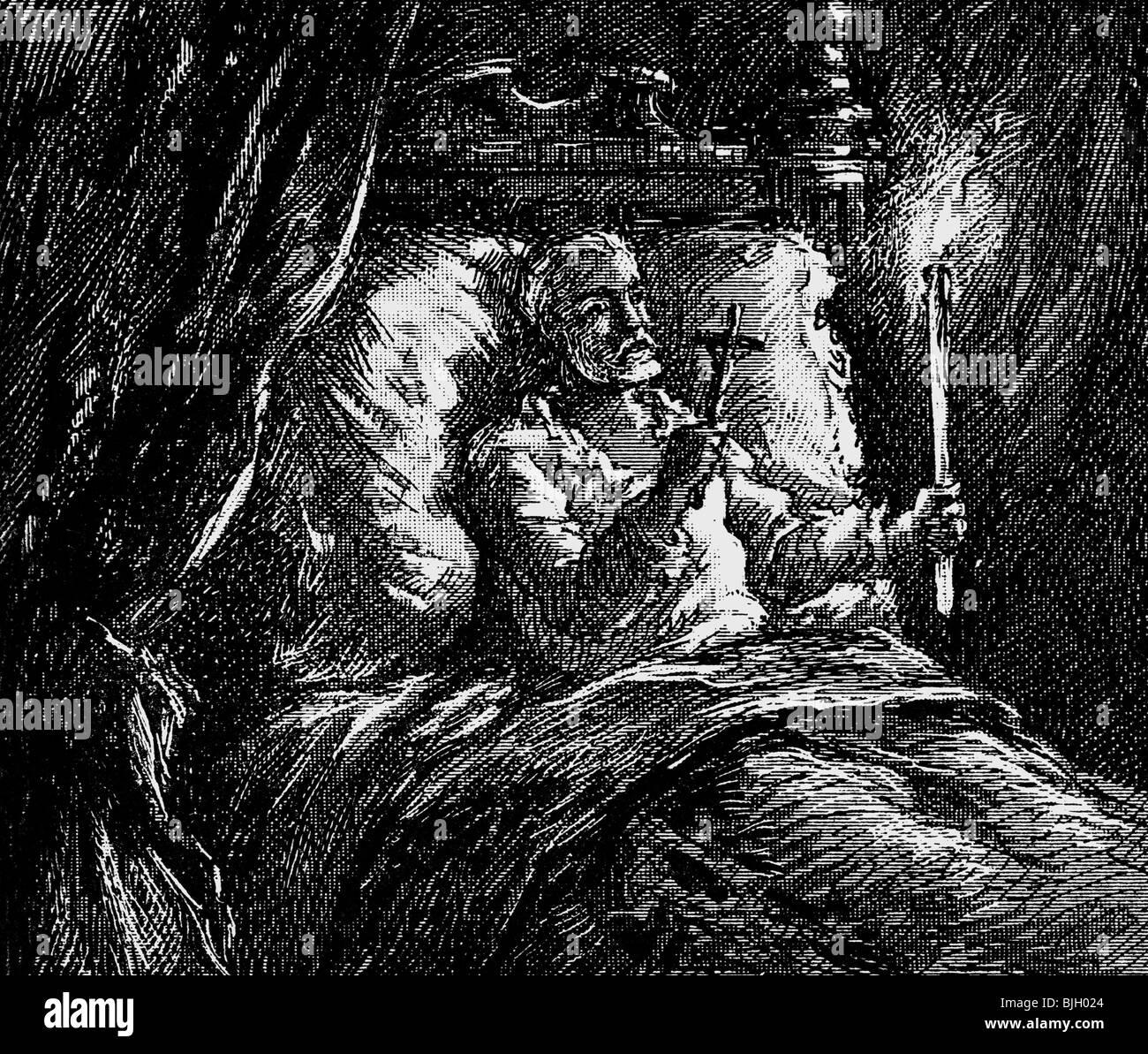 Karl V., 24.2.1500 - 21.9.1558, Heiliger römischer Kaiser 26.10.1530 - 12.9.1556, Sterben, Yuste, Holzgravur, 19. Jahrhundert, Stockfoto