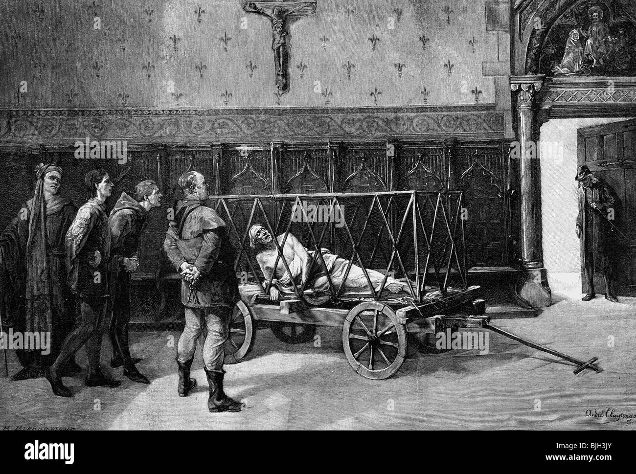 Balue, Jean de la, 1421 - 5.10.1491, französischer Geistlicher und Politiker, in einem Käfig vor König Ludwig XI. Von Frankreich, 1469, Holzgravur, 19. Jahrhundert, Stockfoto