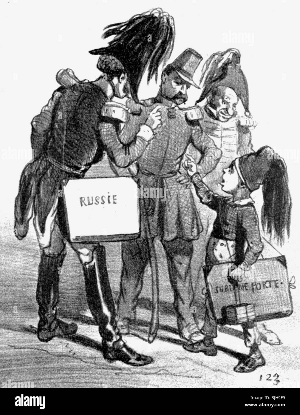 Nicholas i Pavlovich, 6.7.1796 - 2.3.1855, Kaiser von Russland 19.11.182 - 2.3.1855, Karikatur, "Streit über die politische Schule", Zeichnung von Cham, Frankreich, um das Jahr 1854, Stockfoto