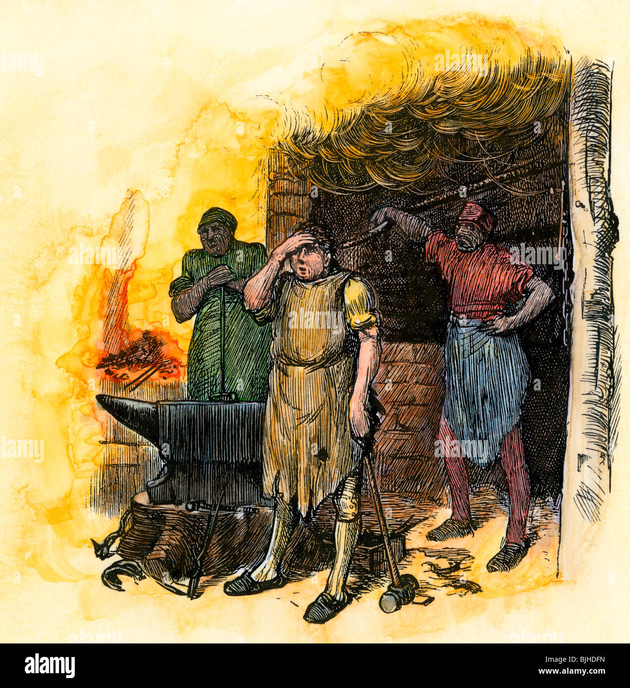 Schmied und seine Lehrlinge in der Schmiede. Hand - farbige Holzschnitt Stockfoto