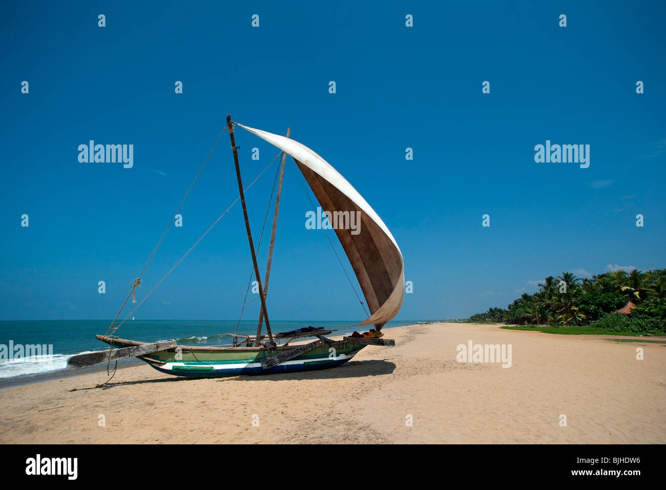 Katamaran am Strand von Negombo, Sri Lanka Stockfoto