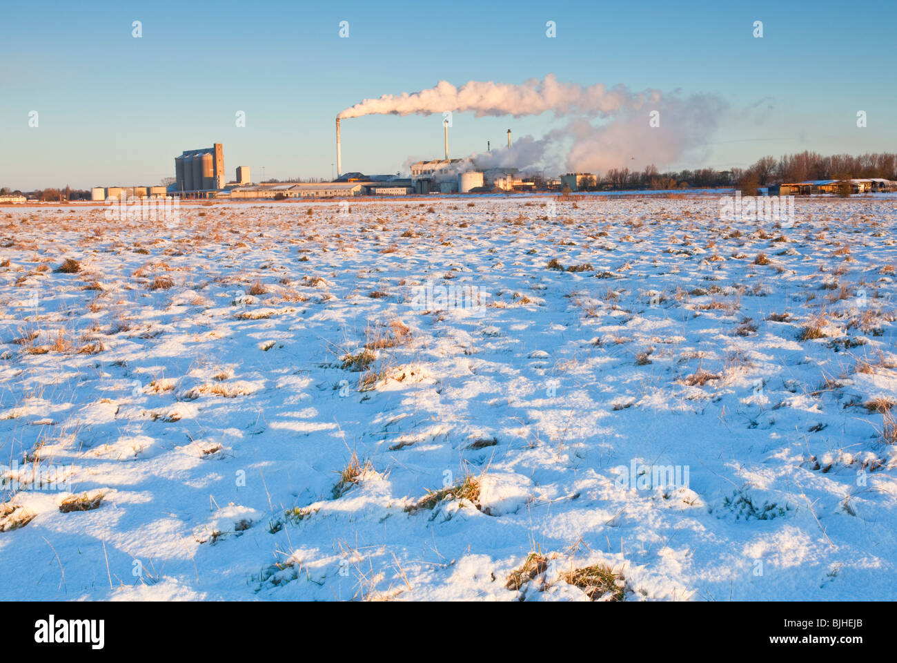 Cantley Zuckerfabrik Licht folgende schneit es in der Norfolk-Landschaft Stockfoto