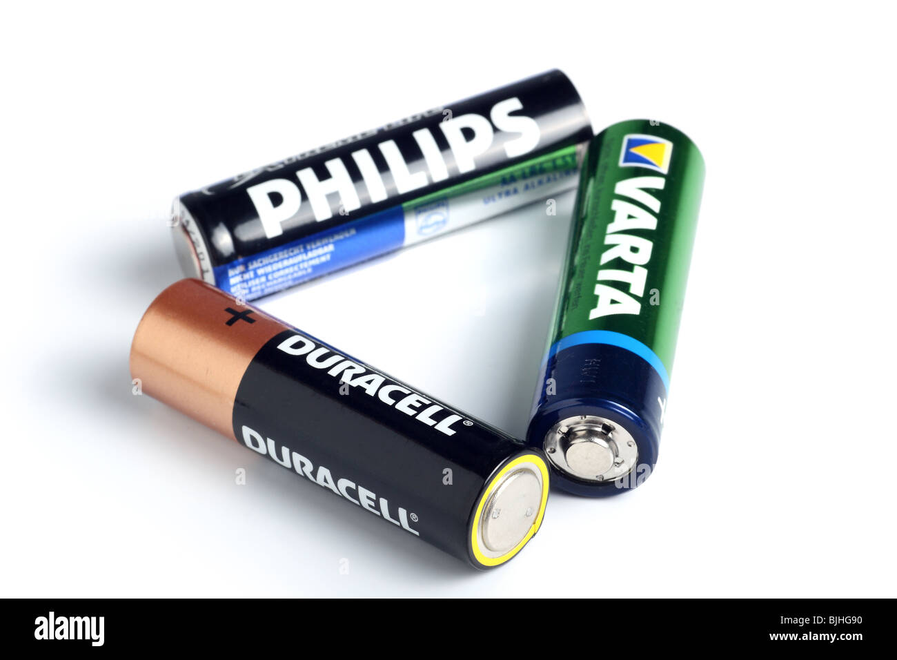 Satz von drei verschiedenen AA-Batterien Stockfoto