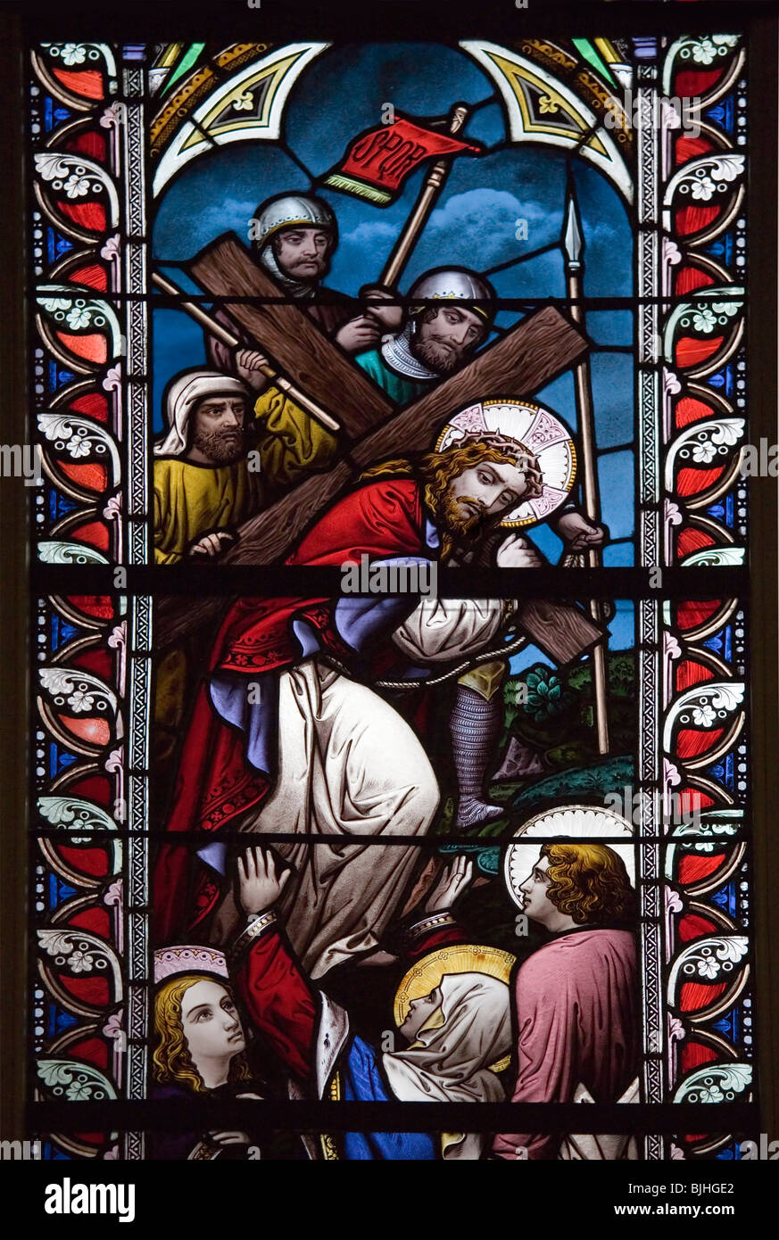 Detail aus einer Auswahl von religiöser Glasmalerei in St. Pauls Anglican Church in Halifax, Nova Scotia. Stockfoto