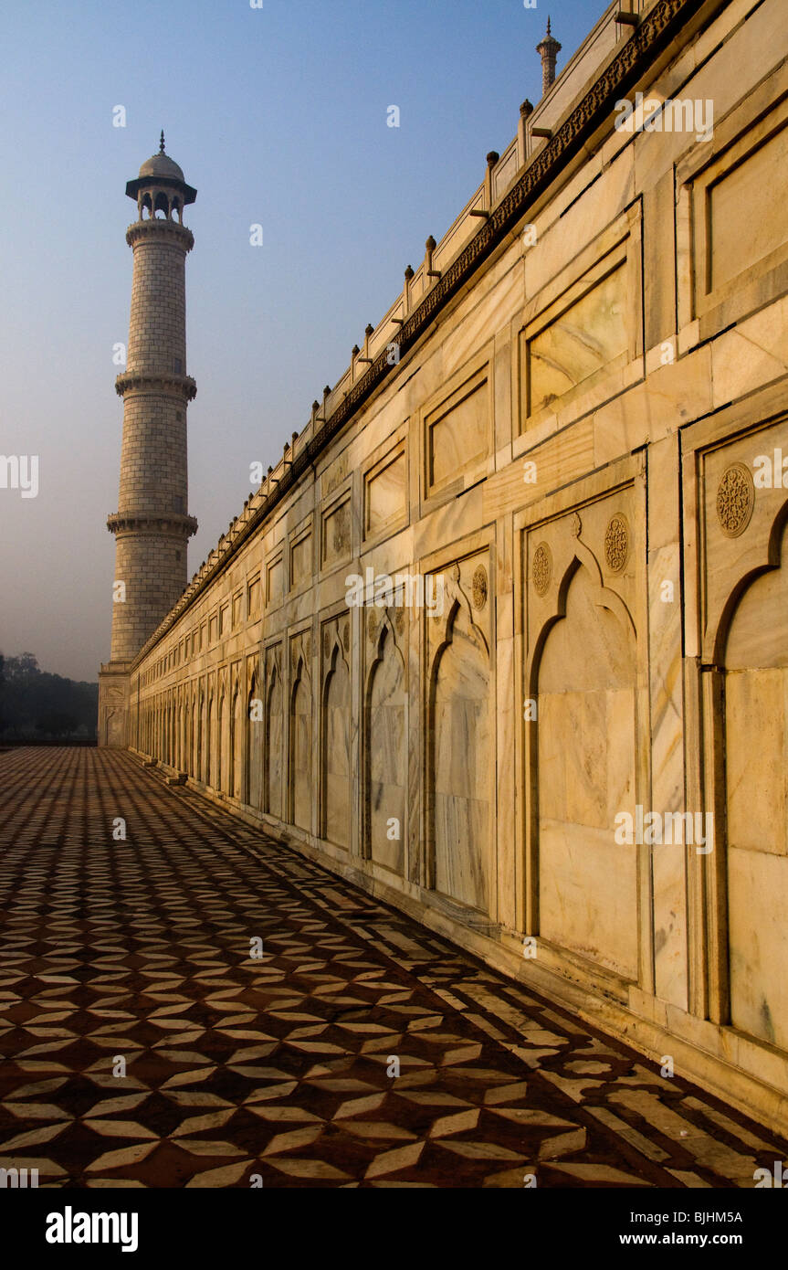 Taj Mahal Muslum Grabstätte Seitenwand.  Dieser Marmor Inlays und Marmor Osen sind großartige Beispiele für die komplizierte Kunst in einem Stockfoto
