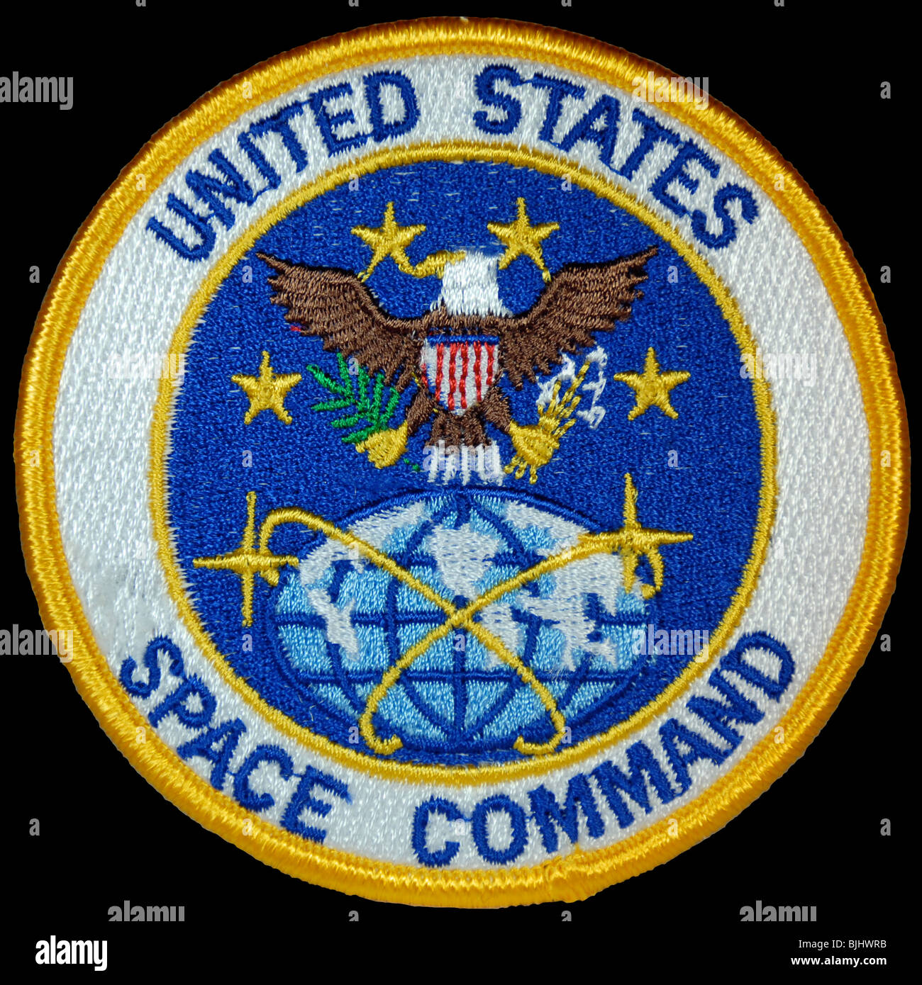 Historischen Patch für United States Space Command auf schwarzem Hintergrund isoliert. Dies war der offizielle Patch auf Uniformen getragen. Stockfoto
