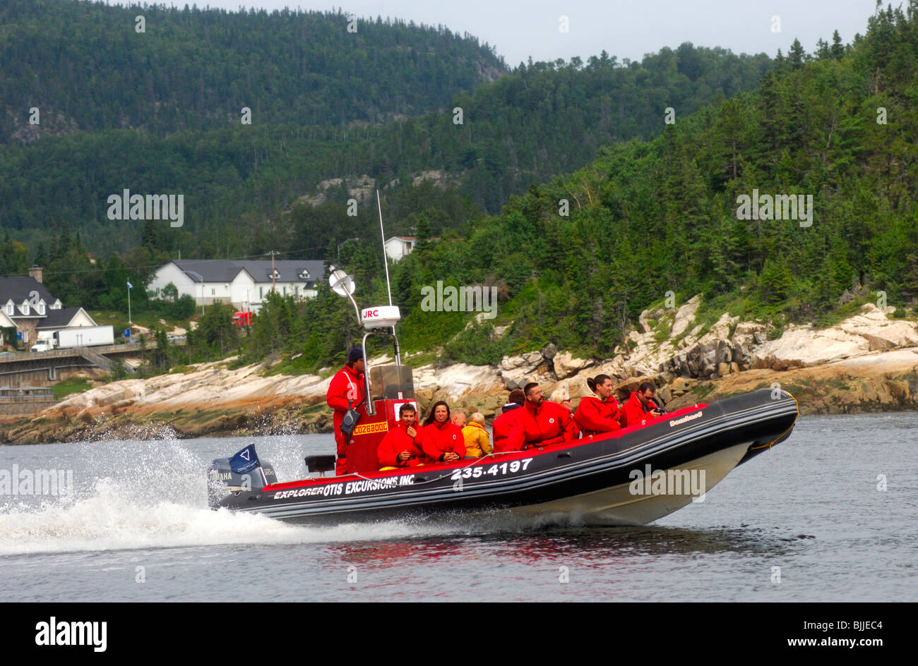Touristen in einem Zodiac-Schlauchboot auf einem Ausflug im Saguenay Fjord in der Nähe von Tadoussac, Kanada Stockfoto