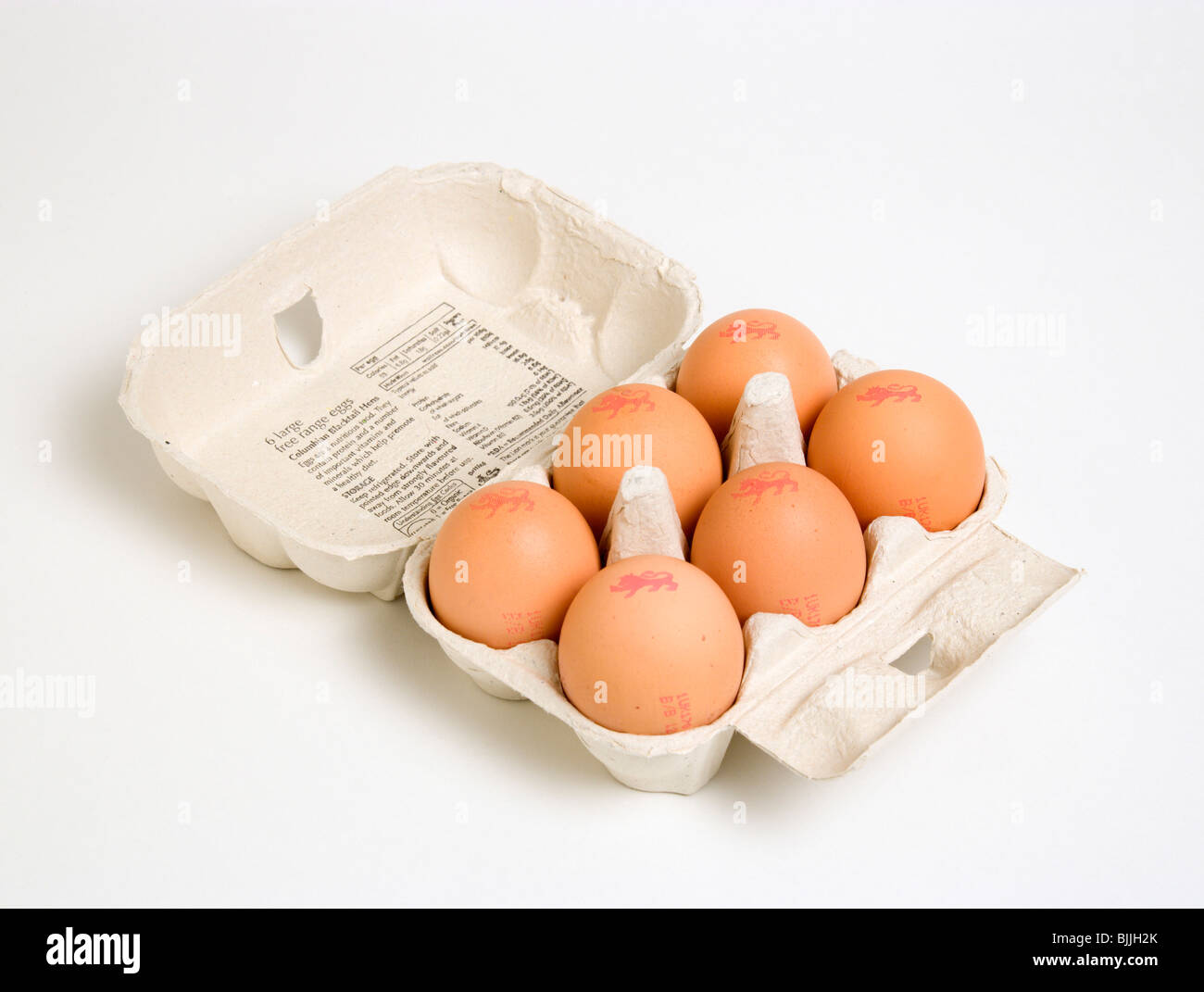 Nahrungsmittel, Uncooked, Eiern, Schachtel mit sechs Freilandeier mit The Lion erfolgenden Eiern bezeichnet, einen strengen Verhaltenskodex Stockfoto