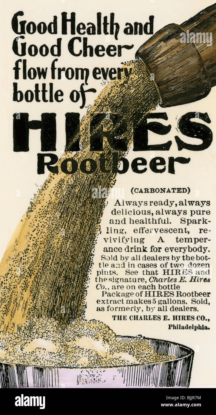 Werbung für Hires Wurzelbier, 1890. Hand - farbige Holzschnitt Stockfoto