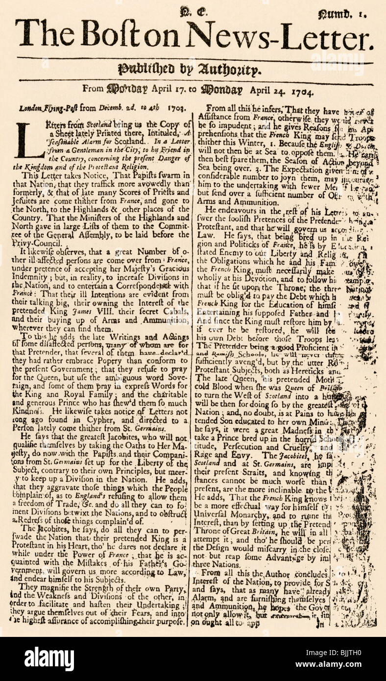 Erste Ausgabe des Boston Nachrichten-buchstabe, 14. April 1704. Holzschnitt mit einem Aquarell waschen Stockfoto