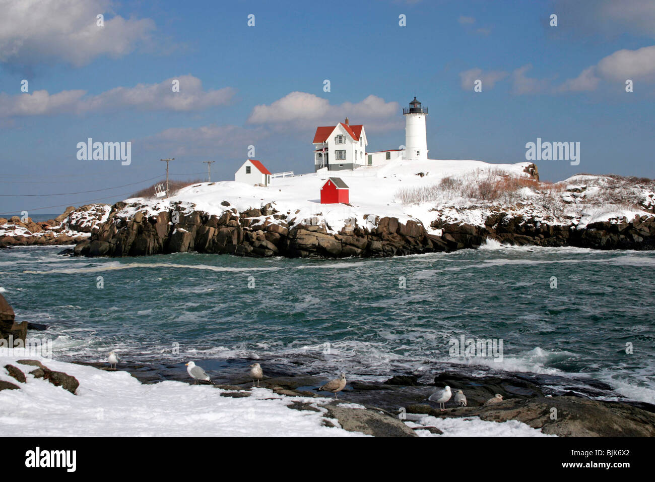 Nubble Light Leuchtturm, Winter, Schnee, York, Maine, New England, USA Stockfoto