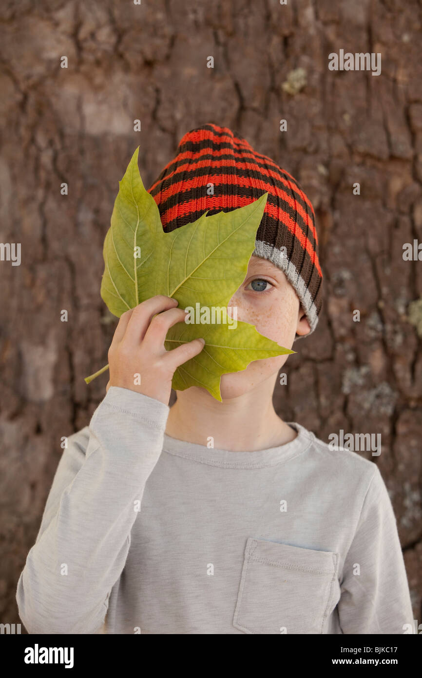 Junge versteckt sich hinter großen grünen Blatt Stockfoto