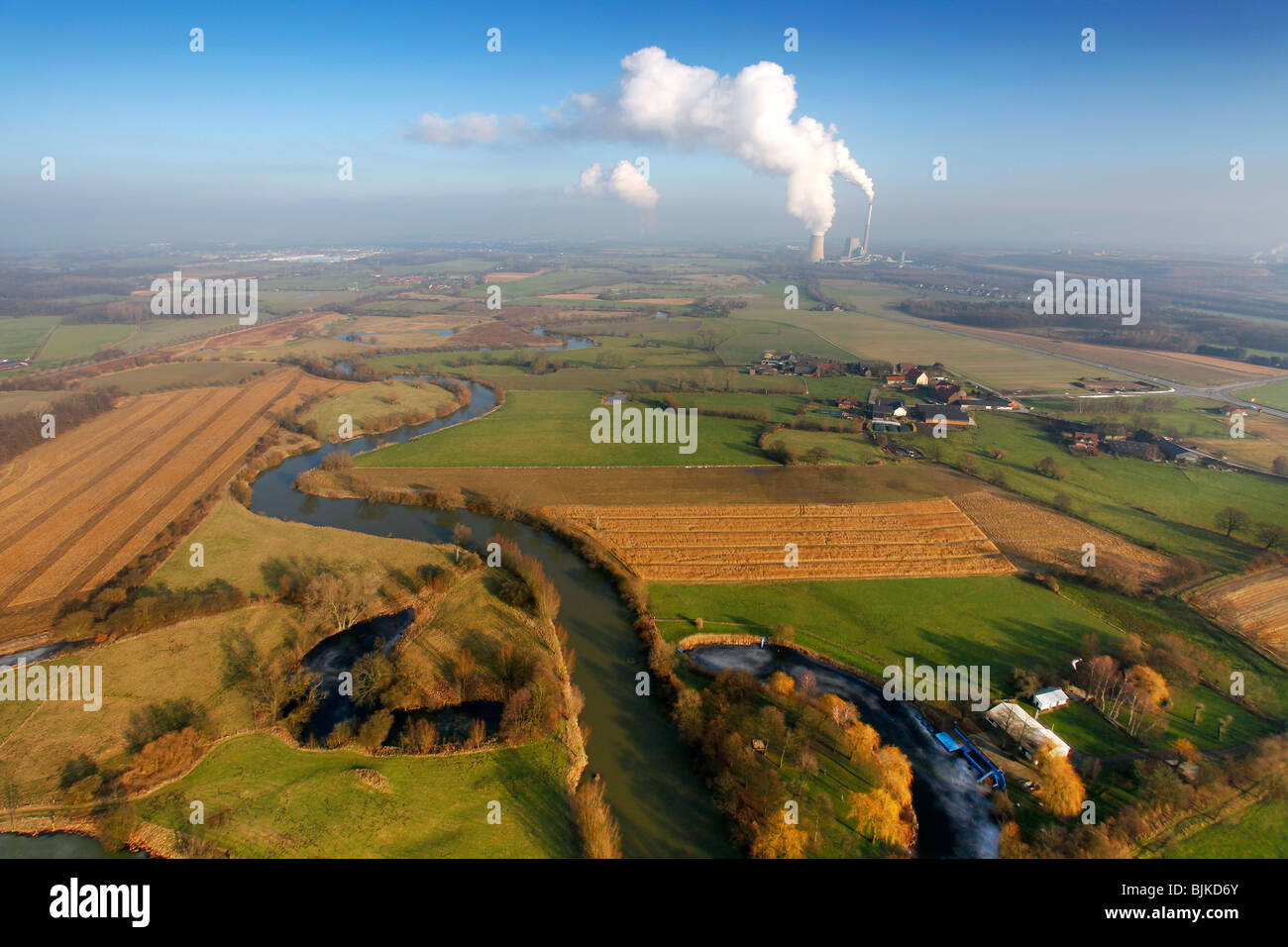 Foto-Antenne, Lippe Fluss Lippe Mäander und Wiesen, Lünen, Ruhr und Umgebung, Nordrhein-Westfalen, Deutschland, Europa Stockfoto