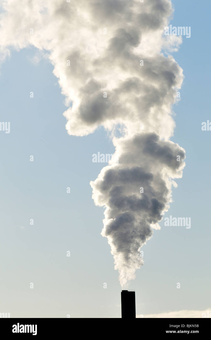 Weiß und grau Rauch in den Himmel von einer Fabrik Schornstein bauschte. Stockfoto