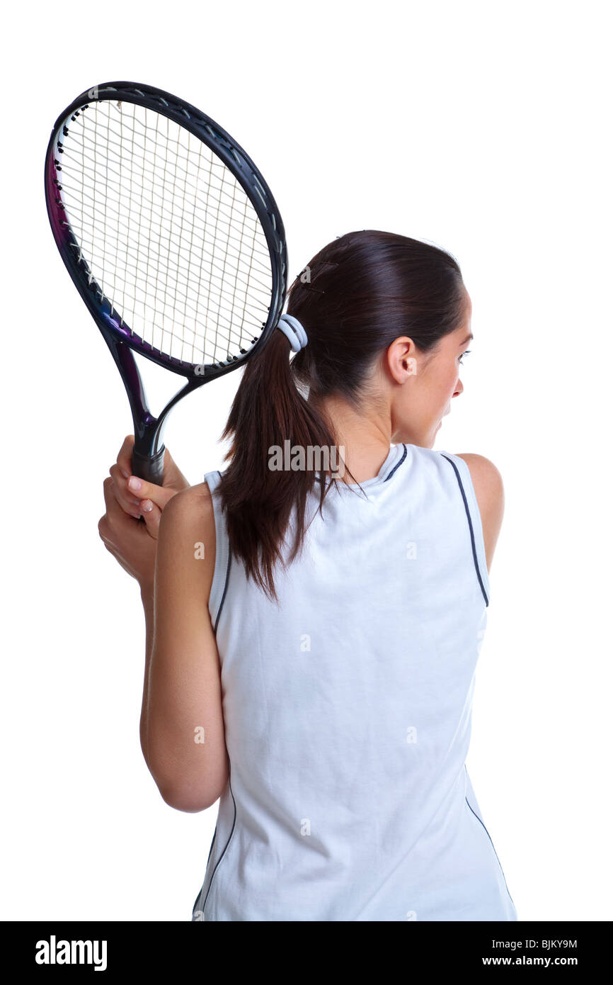 Rückansicht eines Frau Tennis Spieler, isoliert auf einem weißen Hintergrund. Stockfoto