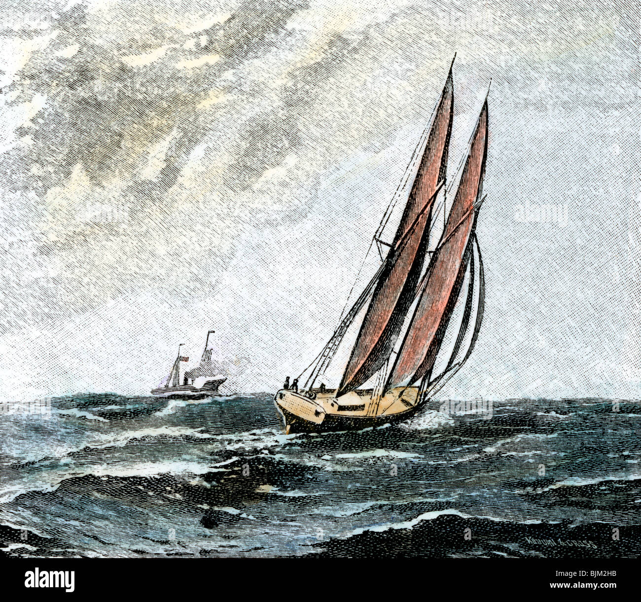 Blockade Runner Ausweichen einer Union Cruiser, US-Bürgerkrieg. Handcolorierte halftone einer Abbildung Stockfoto
