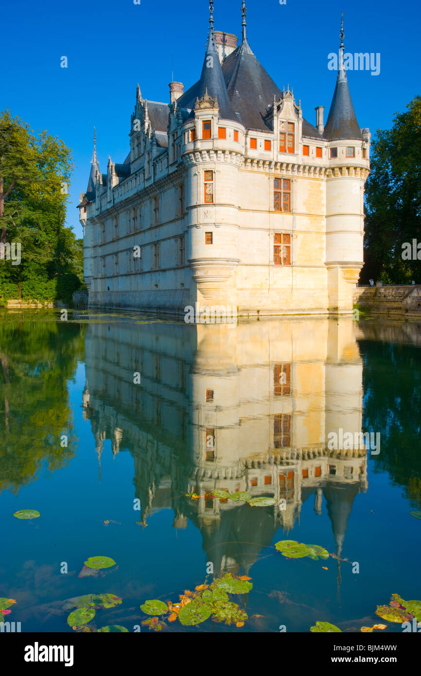 D'Azay-le-Rideau Burg, Loiretal, Frankreich, Burg im Mittelalter, Indre Fluss Loire-Tal, Frankreich, gebaut im 16. Jahrhundert Stockfoto